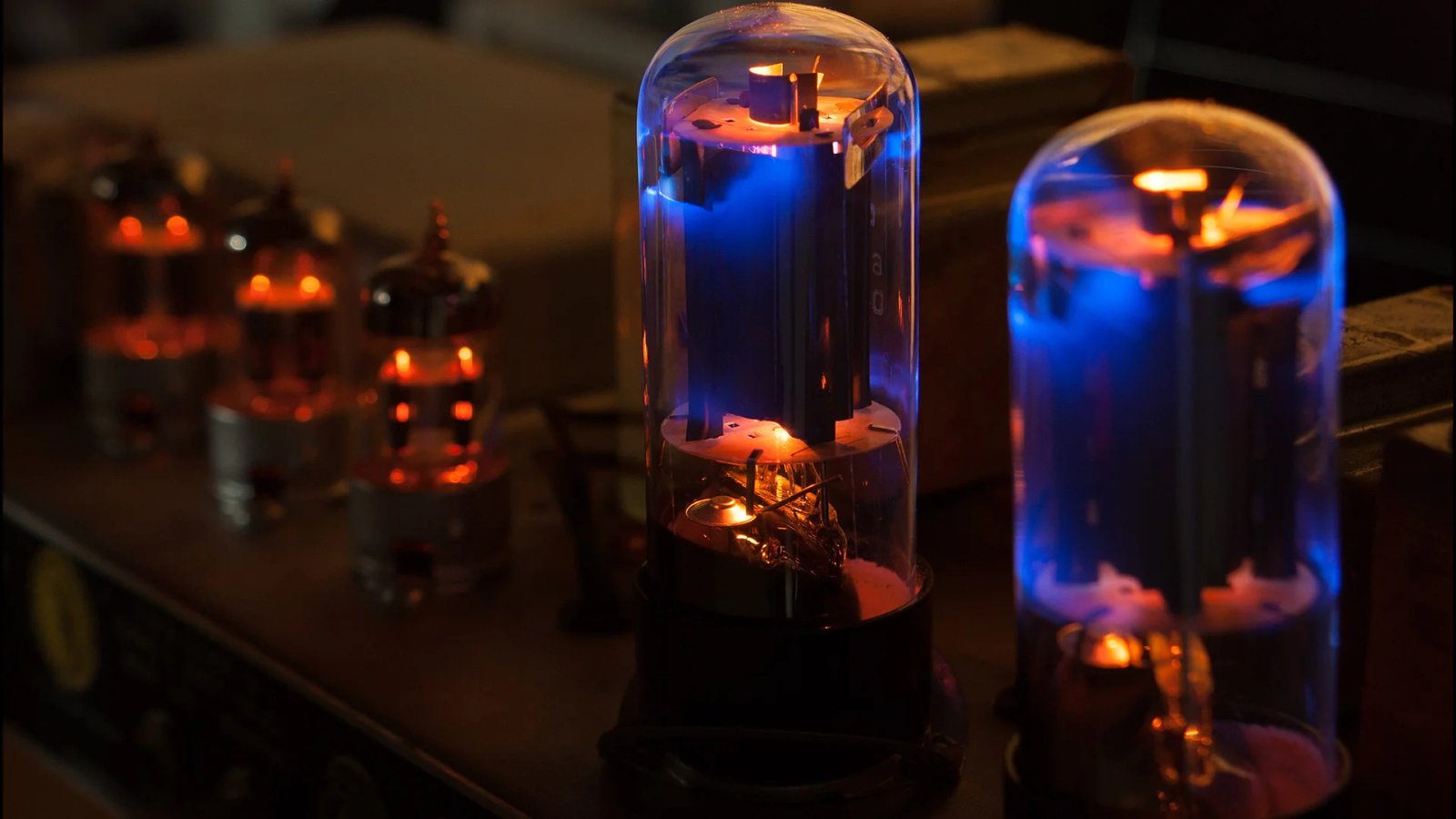 Glowing amplifier vacuum tubes creating atmospheric mood
